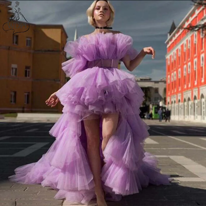 

Lavender Ruffled Tulle Prom Dresses Long Train Tiered High Low Celebrity Evening Dress 2021 New Photo Shoots Party Night Gowns