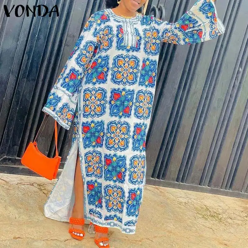 

Платье-макси VONDA женское с Боковым Разрезом, пикантное праздничное платье с винтажным принтом, в богемном стиле, с длинным рукавом, осень 2021