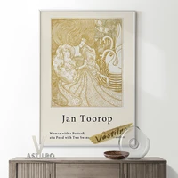 jan toorop exhibition museum vintage art prints poster woman with butterfly at a pond with two swans canvas painting home decor