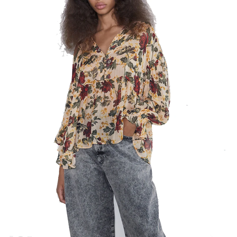 2019 za Женская модная блузка с цветочным принтом эластичные манжеты flroal шифон