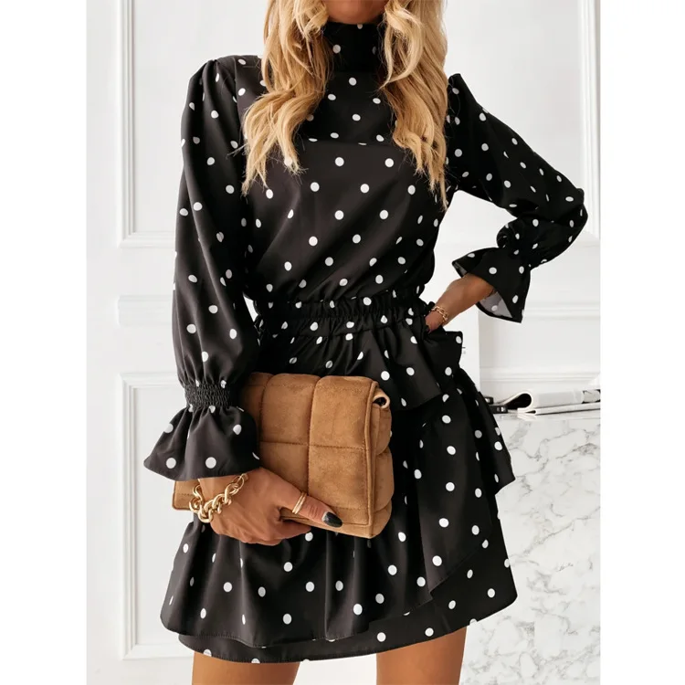 

2021 Summer Fashion Dress Polka Dot Printed Long Sleeve Simulated Neck Polka Dot Elastic Waist Ruffle Hem Chiffon Dress