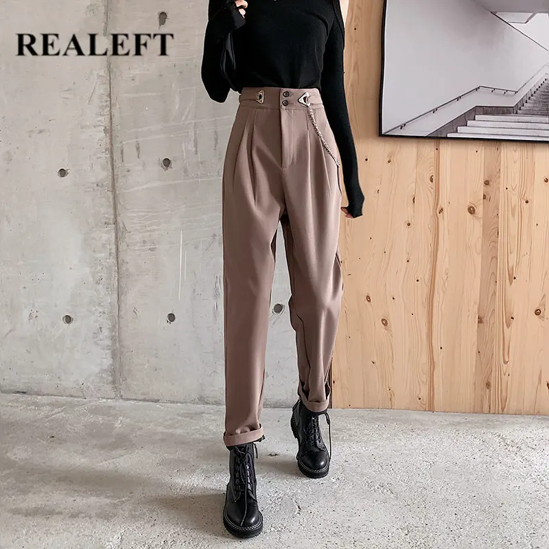 Женские брюки в винтажном стиле REALEFT свободные с высокой талией и цепочкой