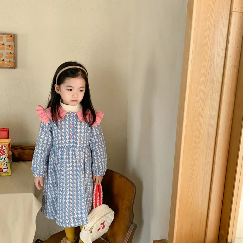 

Girls Dress 2021 Autumn and Winter New Kids Girls Floral Cotton Plus Velvet Dress Children's Princess Dress Baby Clothes 3-9Y