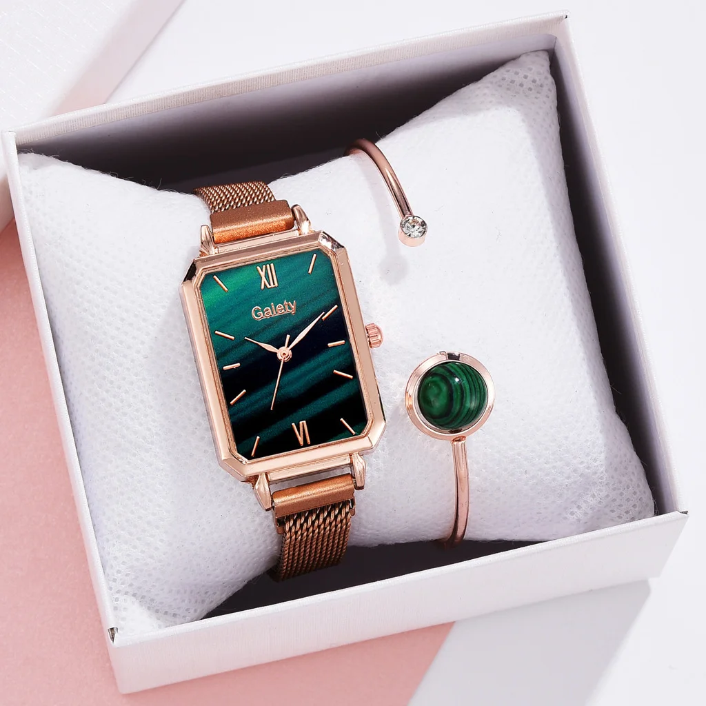 

Часы женские кварцевые с квадратным циферблатом, модные простые Роскошные с зеленым циферблатом, с сетчатым браслетом из розового золота