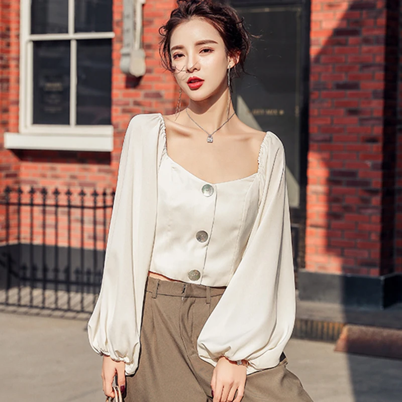 2020 Fashion Elegant Women's Shirt Autumn French Romantic Crop Top Sexy Cute Long Sleeve Office Lady High Street Blouses Woman