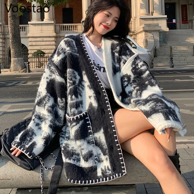

Harajuku Sweater Outerwear Women Spring Autumn Korean Fashion Loose Tie Dye Cardigan Casual Oversized Tops Ladies Knitted Jacket