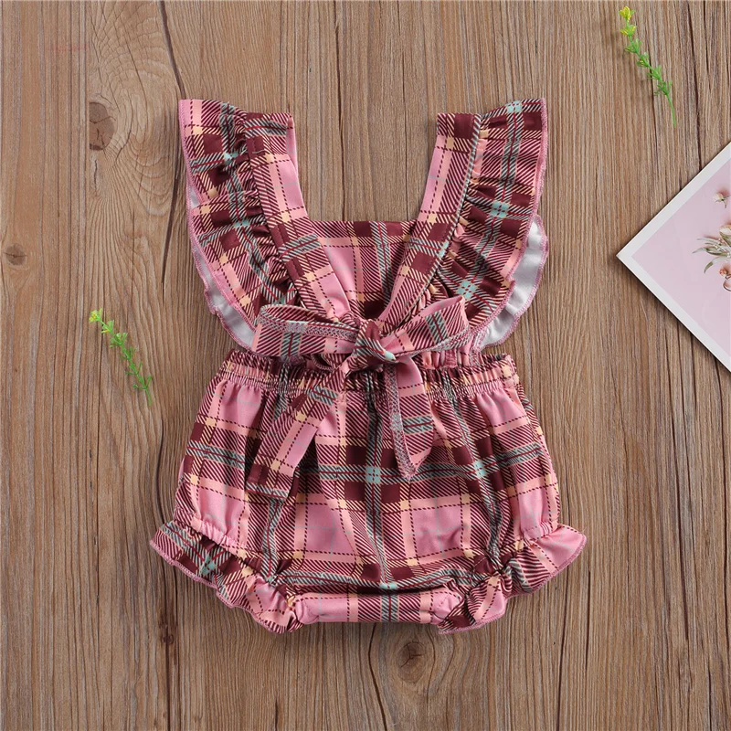

Newborn Baby Girl Clothes Plaid Print Toddler Girl Square Neck Flying Sleeve Short Pants Romper Jumpsuit One-Piece with Bow