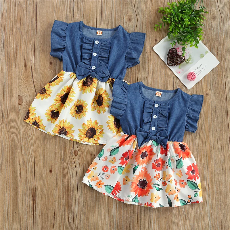 

3-18Months Baby Girl Cotton Casual Dress,Kids Girls Summer Sweet Elegant Ruffle Sleeve Button Front Denim Tops Floral Tutu Skirt