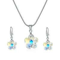 womens silver white ab crystal flower pendant necklace earrings jewelry set