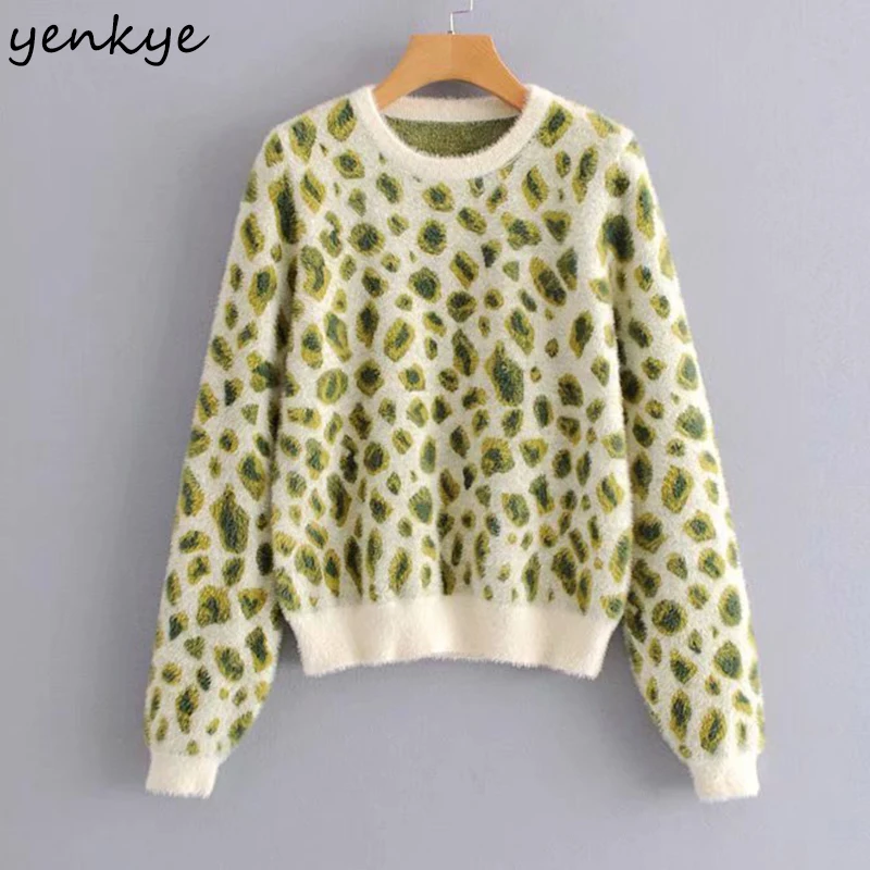 

YENKYE Vintage Leopard Sweater Women Round Neck Long Sleeve Casual Pullover Winter Sweater Plus Size Tops
