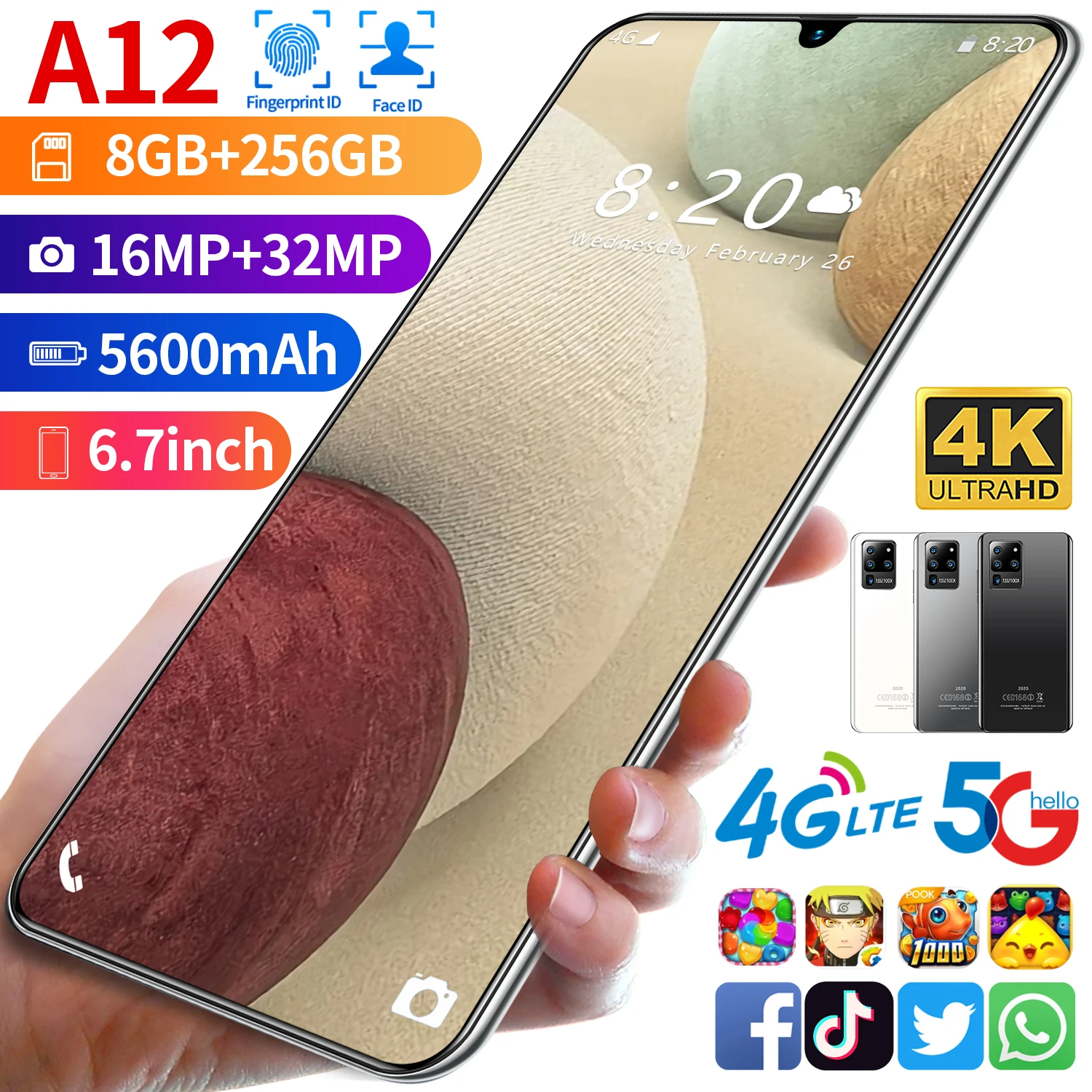 

New A12 Full Screen 6.7 Inch Dual SIM+Micro SD Smartphones Global Version 8GB RAM 256GB ROM 10 Core 5600mAh Mobile Cell Phone