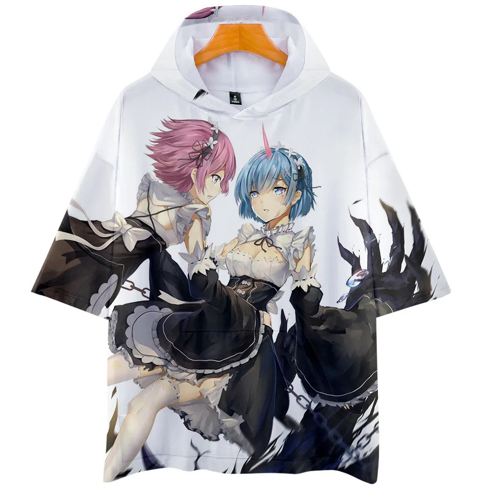 

Re Zero Hooded T Shirt Anime Aweatshirts Harajuku Rem And Ram Hoodie Summer Leisure Streetwear Men Women T-shirt Oversized
