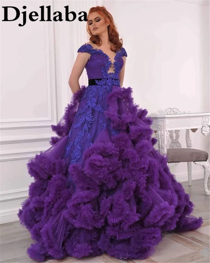 

Purple Tulle Ball Gown Short Sleeves Evening Dresses 2021 Sexy V Neck Puff Ruffles Middle East Prom Gowns Lace Appliques
