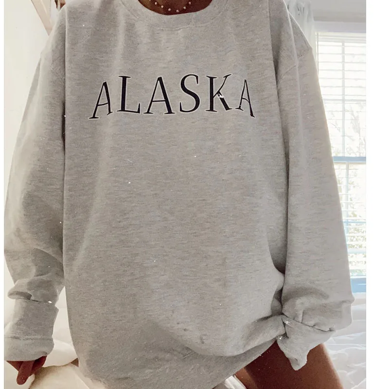 

Gray Letter Printing Oversized Crewneck Sweatshirt Women Loose Long Sleeve Fashion Fall Tops Brand Design Streetwear for Teens