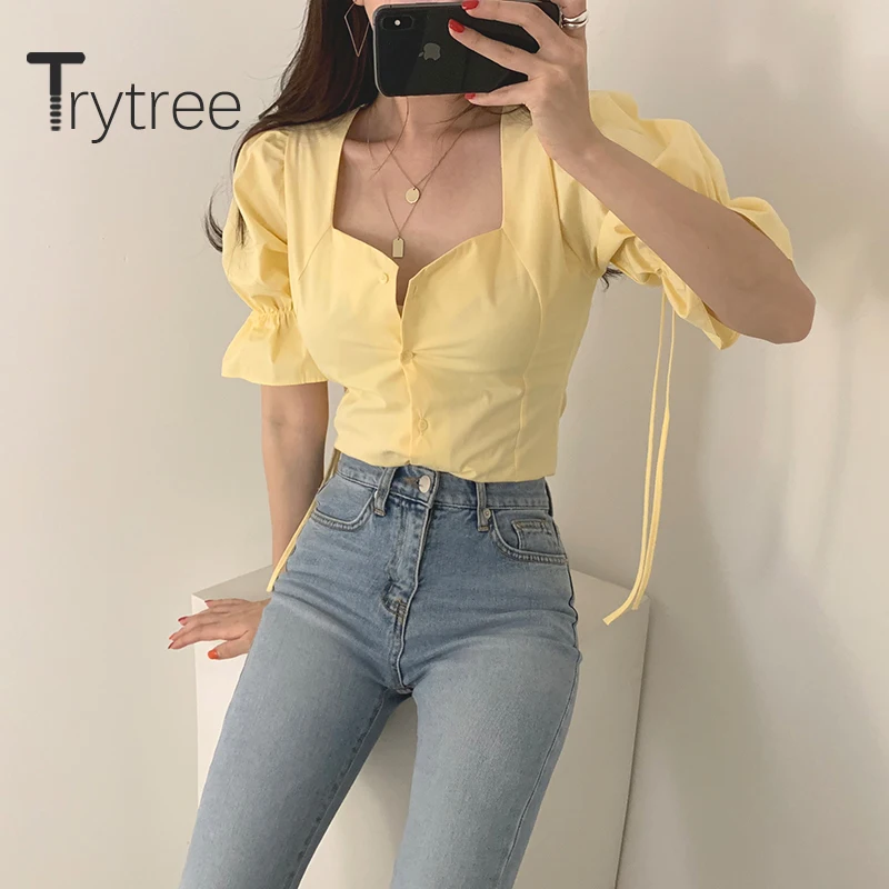 Trytree Женская Повседневная Блузка с квадратным воротником однобортная однотонная