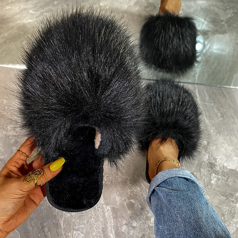 

2021 Winter Home Shoes Women House Slippers Warm Faux Fur Ladies Cross Soft Plush Furry Female Cover Toe Slides Fashion Shoes