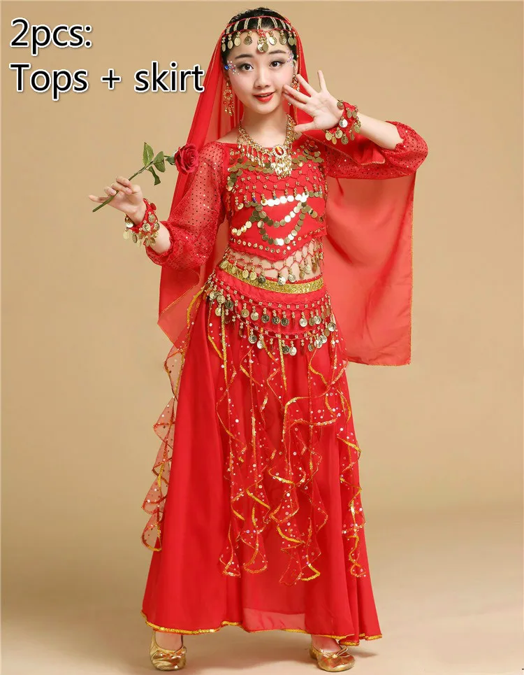 2pcs red Одежда для танца живота, Индийские танцы Болливуд, костюмы для детей, детская сексуальная одежда для танца живота, Восточный танец для сцены - Цвет: 2pcs red