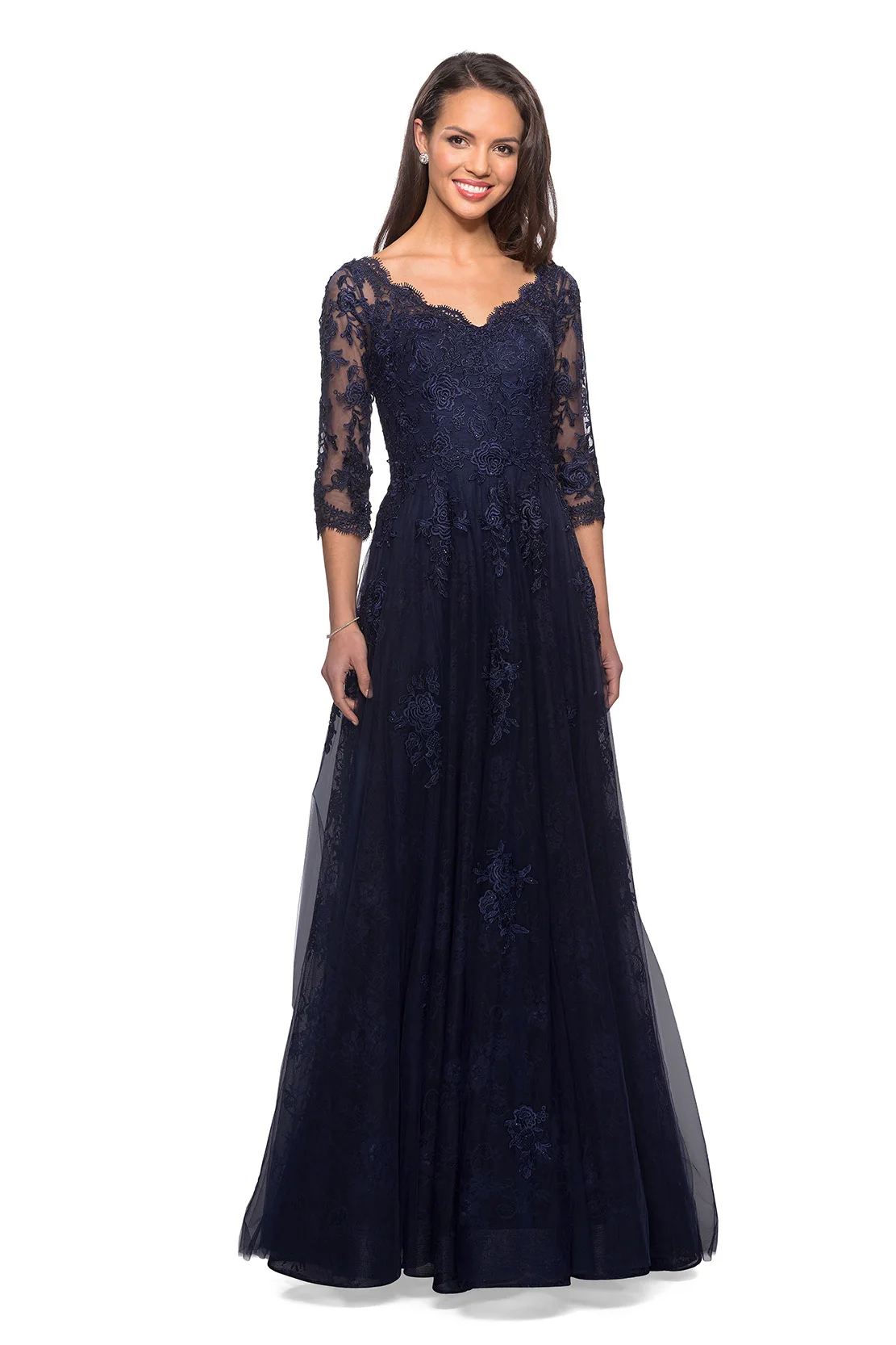 

Lover Kiss Elegant Navy Blue Lace Mother of the Bride Dresses 2022 Latest V Neckline W/ 3/4 Sleeves Wedding Guest Gowns On Sale
