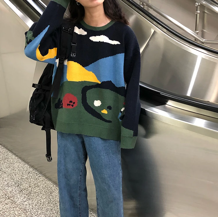 Женский вязаный свитер harajuku осенне-зимний пуловер в Корейском стиле ретро с
