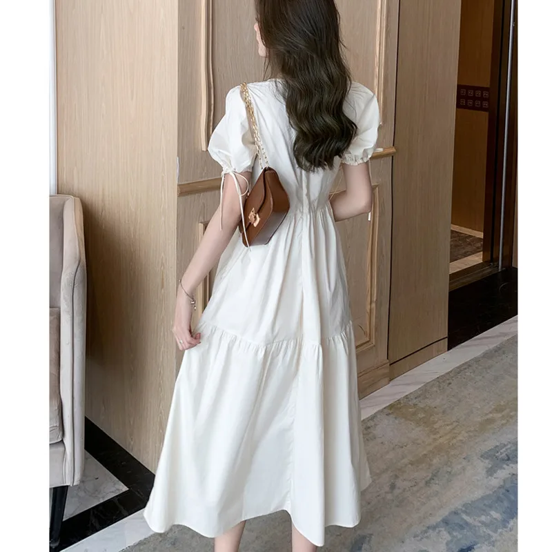 

#1050 Beige Black White Midi Dress With Puff Sleeves Sexy A-line Dress O Neck High Waisted Pleated Dresses Ladies Korean Style