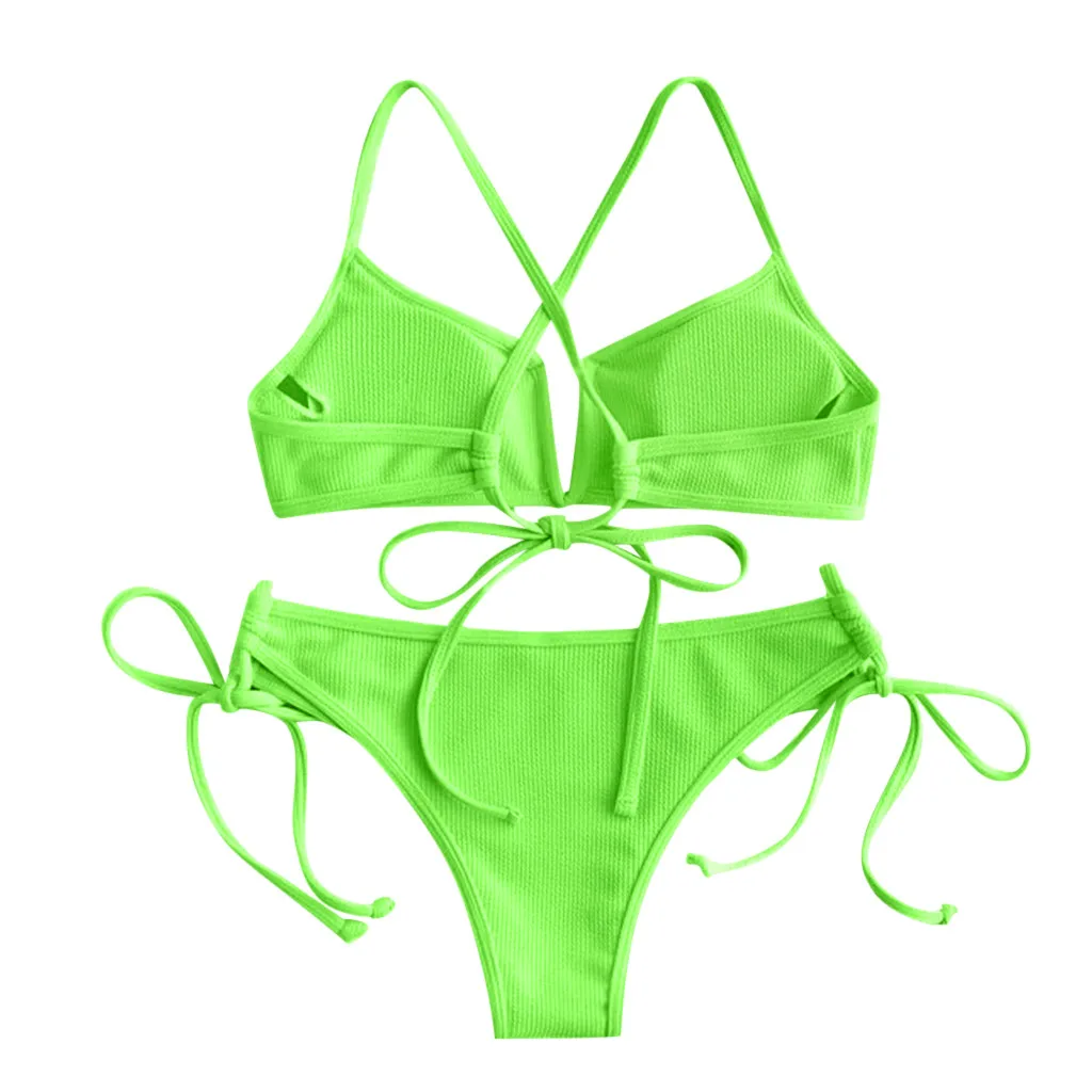 

Fashion New Summer Women Sexy High Cut Swimsuit V Neck Two Pieces Bikini Swimwear Low Waist Bandage Solid Seaside Beachwear