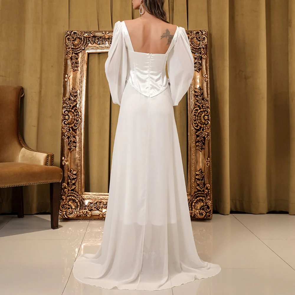 

Party Dress 2021 Women Elegant Simplicity White Chiffon Splicing High Waist Solid Color Long Sleeves Maxi Dresses
