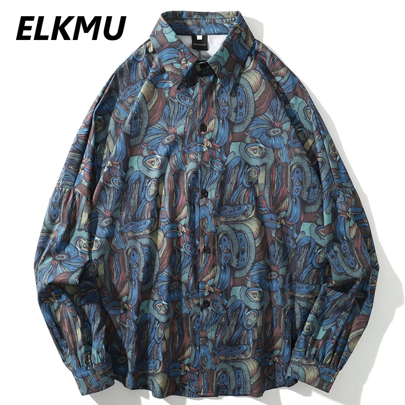 

ELKMU Vintage Graffiti Print Shirt Men Streetwear Harajuku Long Sleeve Shirts Autumn Fashion Button Blouse Holiday Tops HE318