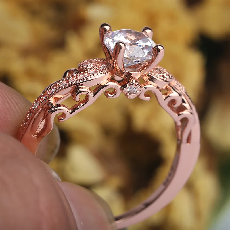 Elegant Retro Rose Gold Color Rings Four Claw Solitaire Cz Crystal Forever Wedding Ring Jewelry For Women Bands 6-10 | Украшения и