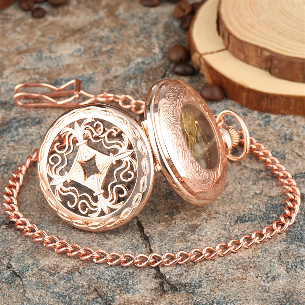 Rose Gold Hollow Pattern Mechanical Pocket Watch Male Roman Numerals Display Pendant Antique Manual Mechanism Pocket Clock