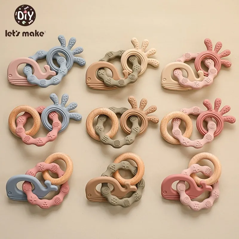 

1Pcs Baby Wooden Ring Teether Bracelet Whale Octopus Newborn Baby Rattle Food Grade Silicone BPA Free Teething Toy
