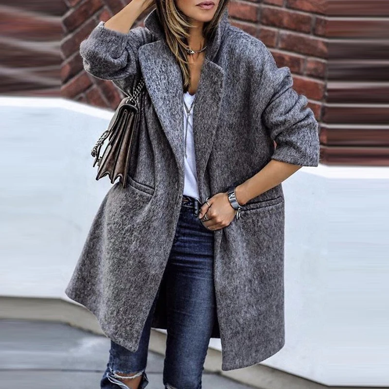 

Женское шерстяное пальто с отложным воротником, повседневное однотонное серое пальто с длинными рукавами и карманами, Осень-зима 2021