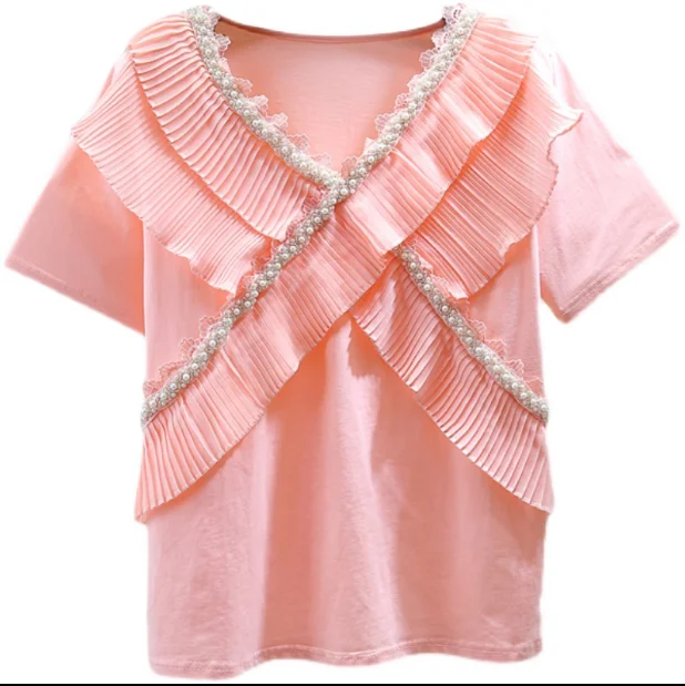 

Tshirt Women New Beaded Pleated Ruffled Stitching Short Sleeve V-neck T-shirt 2021 Summer Female Tops Camisetas De Mujer