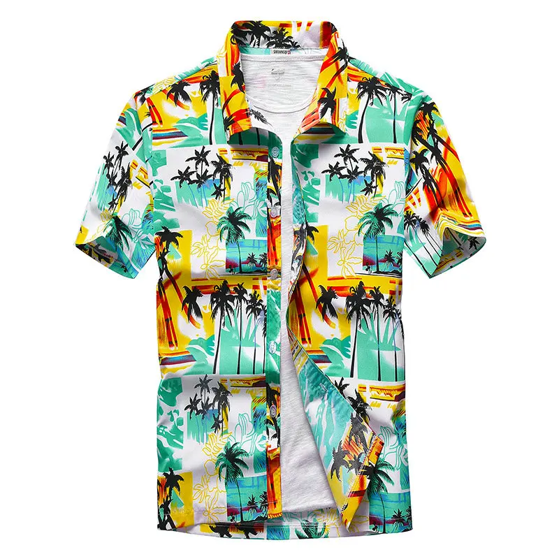 Asian size Пляжные рубашки Летняя мода camisa masculina с принтом "кокосовое дерево" короткий рукав на пуговицах Гавайские мужские рубашки плюс размер - Цвет: Asian size