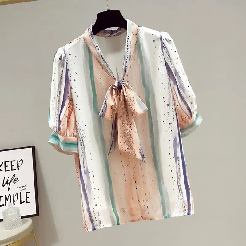 

Women Summer Short Sleeve Chiffon Blouses New Arrival 2021 Korean Style Vintage Print Loose Ladies Elegant Tops Shirts W380