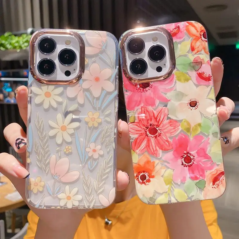 

Ins Luxury Electroplated Chic Flower Art Leaf Leopard Clear Girly Phone Case For iPhone 11 12 13 Pro XS MAX X Xr Hard Back Cover