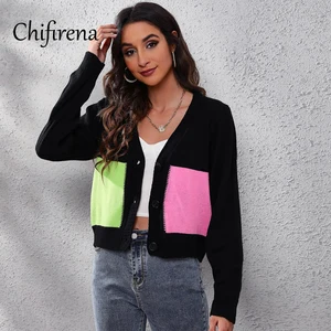 Chifirena Women Autumn Oversized Knitted Cardigan Sweater Coat Casual Patchwork Outerwear Top Long Sleeve Loose Sweaters Female