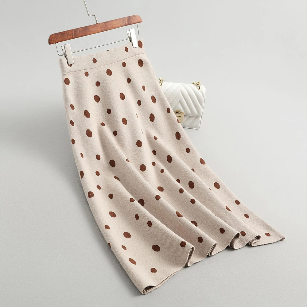 2019 Высокая талия узор в горошек трикотажная женская зимняя трапециевидная