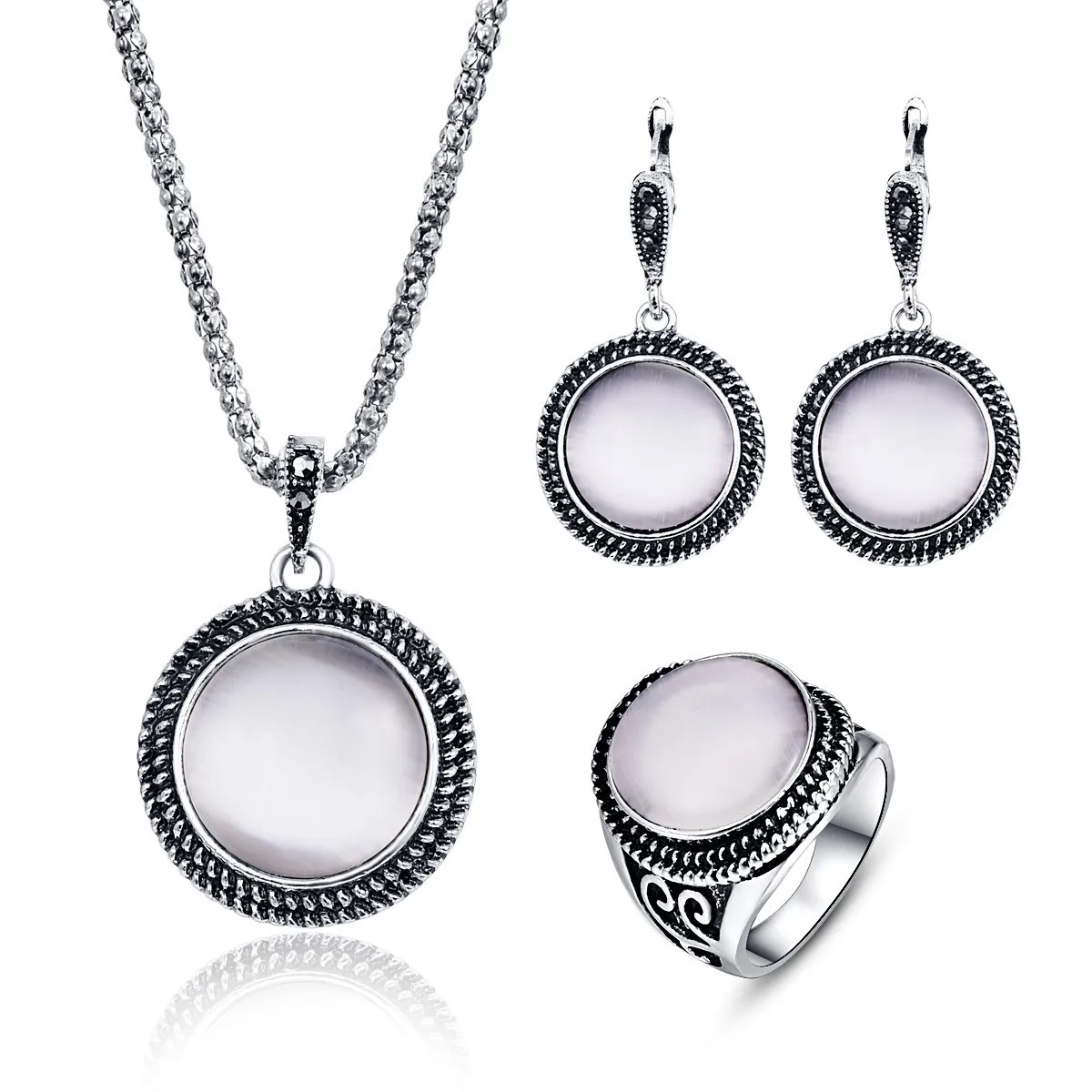 

TY149 круглый Опал ретро Ювелирный набор ожерелье серьги кольцо ювелирные изделия три набора