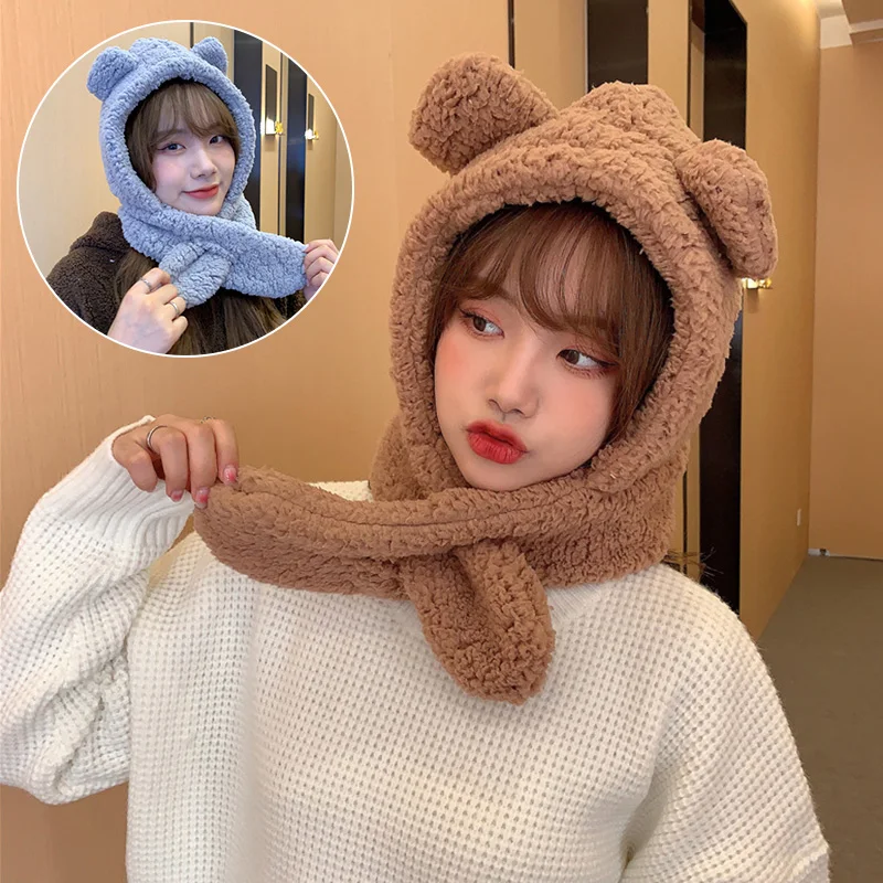 

шапка Women Novelty Beanies Caps Fashion Winter Warm Cute Bear Ear Hat Casual Plush Hat Scarf Set Solid Color Women Caps Hooded