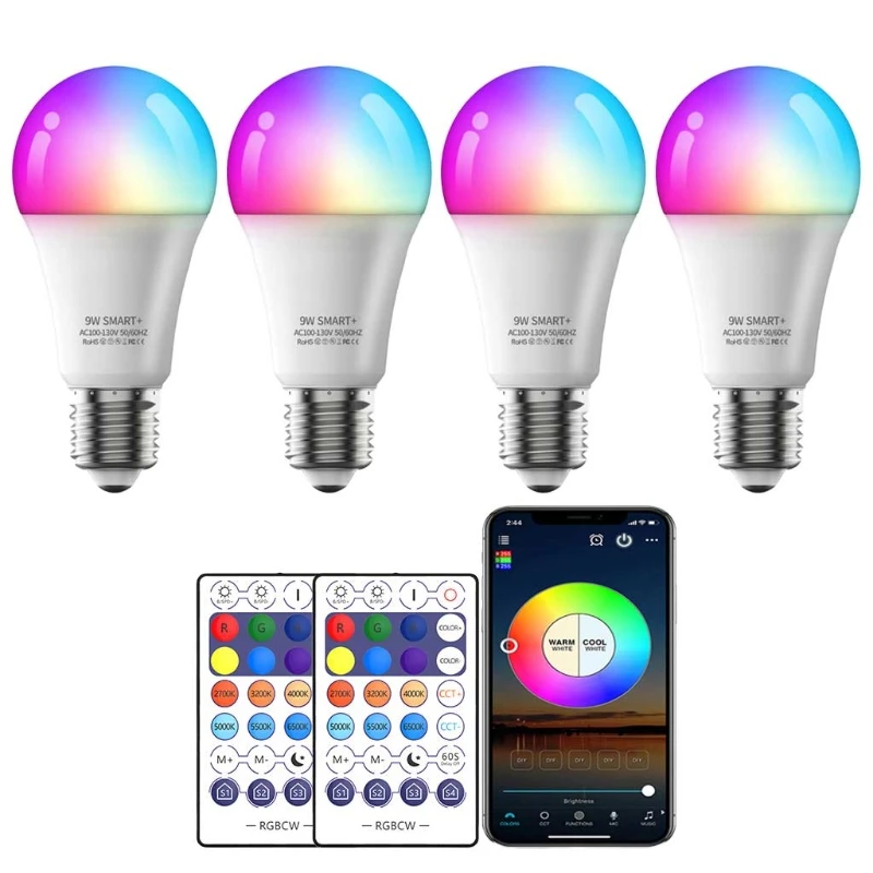 

4 Pieces Smart LED Bulbs Dimmable Music Sync RGB Colors Changing No Hub Required Light Bulbs for Bedroom and Living Room