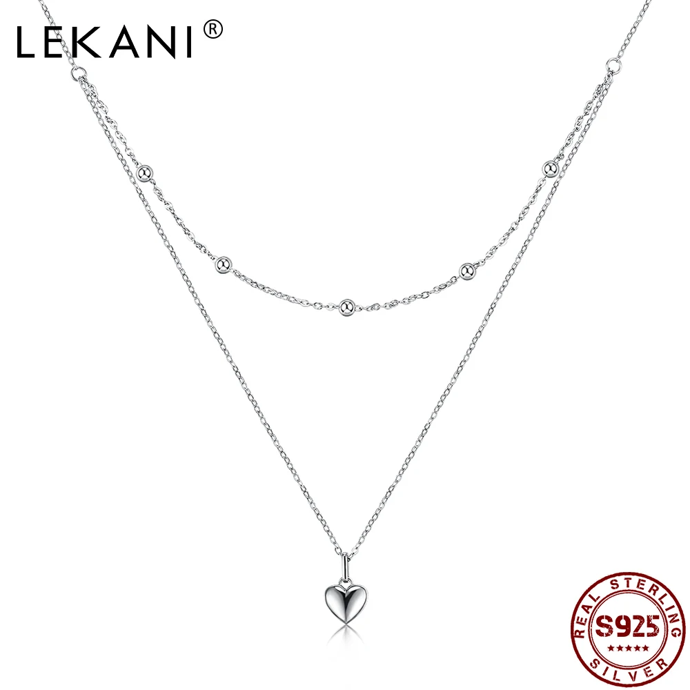 

LEKANI Double Chain Necklace For Women S925 Sterling Silver Heart Shape Pendent Short Necklace Birthday Party Gifts Fine Jewelry