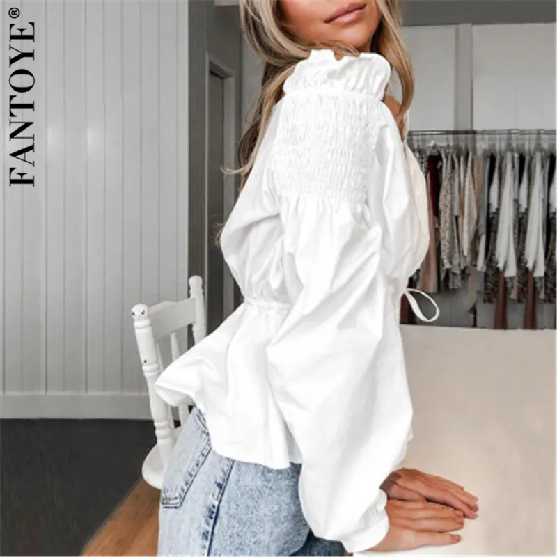 Fantoye сексуальная женская блузка с открытыми плечами белая элегантная рукав