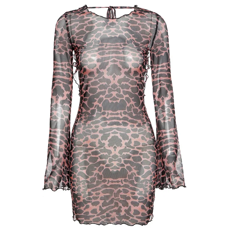 

Sexy Backless Dress Women Fashion Halter Long Flared Sleeve Slim Bandage Leopard Mini Dresses Clubwear See Through Streetwear