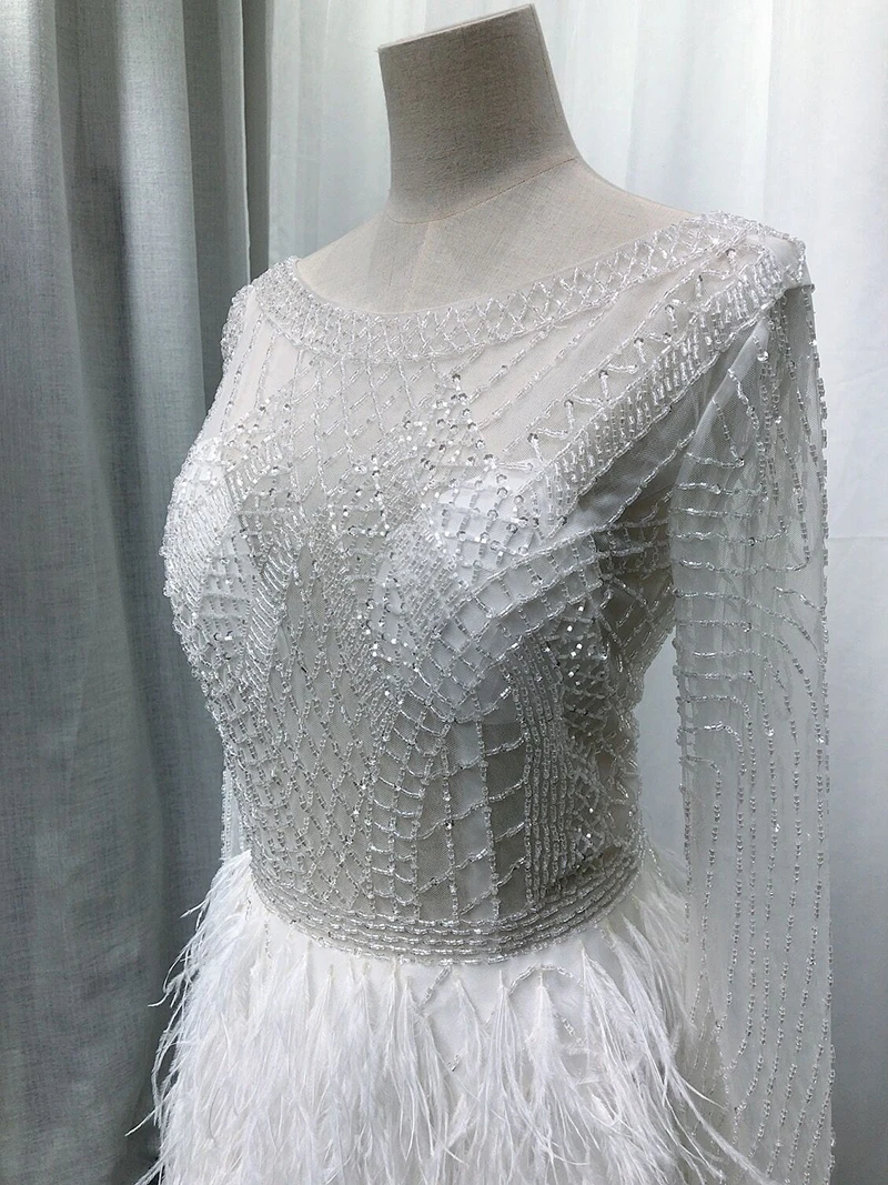 SSYFashion, Новые Вечерние платья высокого класса, роскошные белые длинные рукава, длина до середины икры, расшитые блестками и перьями, вечерние платья для банкета