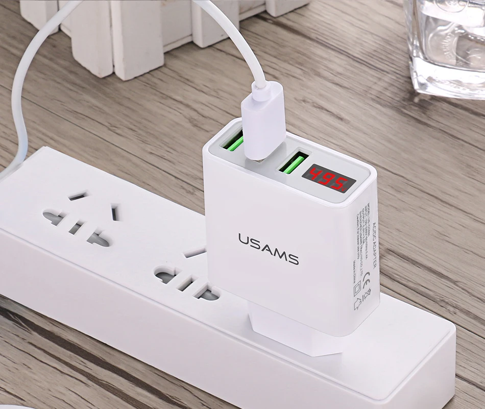 USAMS, 3 порта, USB зарядное устройство для телефона, светодиодный дисплей, штепсельная вилка европейского стандарта, всего макс., 3 А, умное быстрое зарядное устройство, мобильное настенное зарядное устройство для iPhone, iPad, samsung