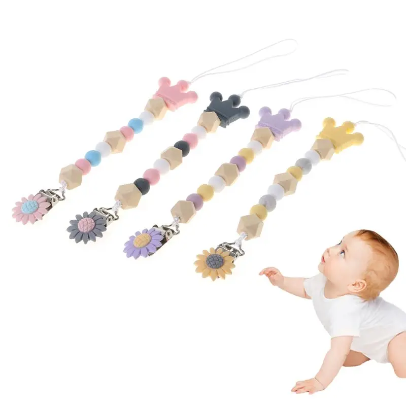 

Pacifier Chain Food Grade Silicone Wood Beads Crown Cartoon Flower Pendant Strap Nipple Teether Towel Support Newborn Toddler