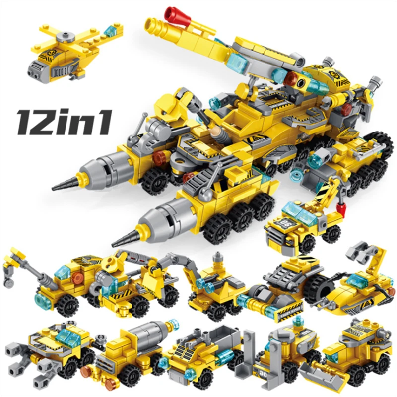 

633019 12 IN 1 Multifunction Construction Truck Engineering Car Model Building Blocks Set for Children Kids Toys Bricks Gifts