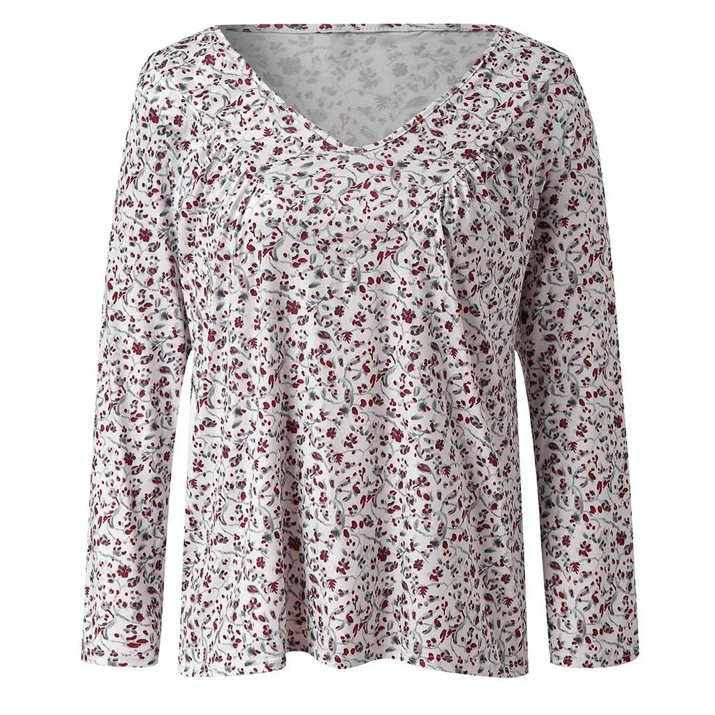 Одежда зимняя повседневная блузка с принтом Флорал плюс-сайз мода V-образным вырезом основные верха женская женский длинный рукав рубашка блузка пуловер.