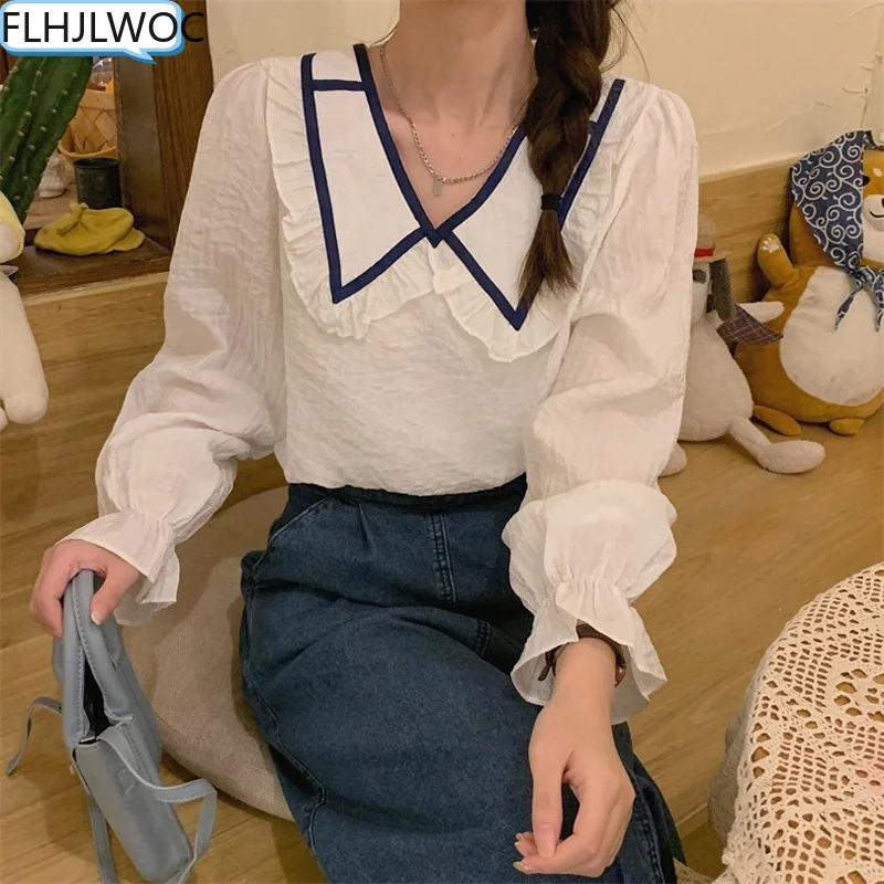 

Chic Vintage Tops Japan Preppy Style Cute Sweet Girls Women Peter Pan Collar Single Breasted Button Solid Retro Basic Shirts