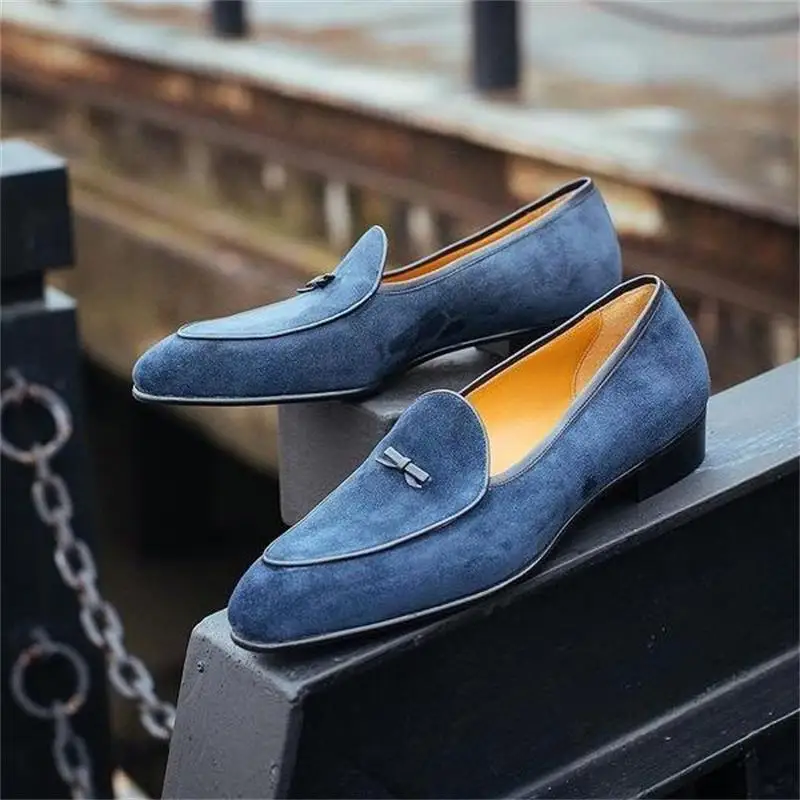 

Men's Handmade High-end Light Blue Suede Small Bow Low-heel Comfortable Fashion Casual Business All-match Loafers 3KC114